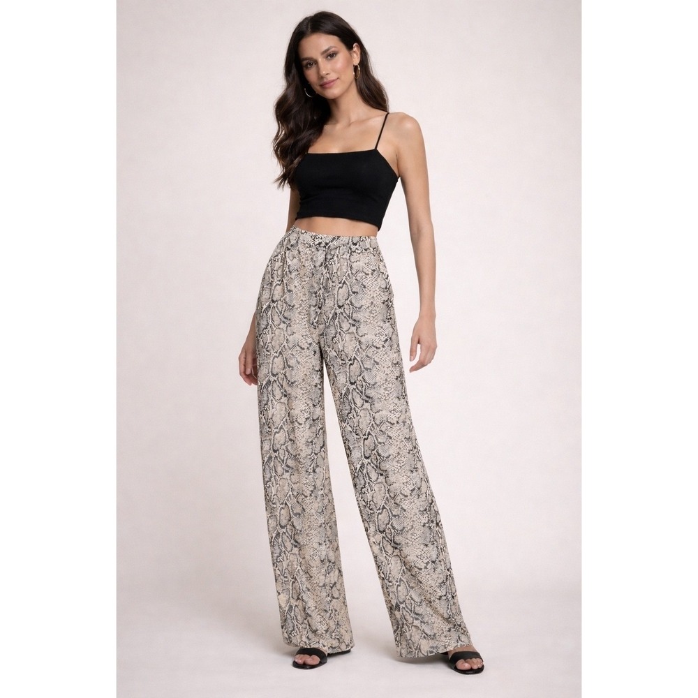 Reformation Snakeskin Print Wide Leg High Rise Pants Tan Black Size 12